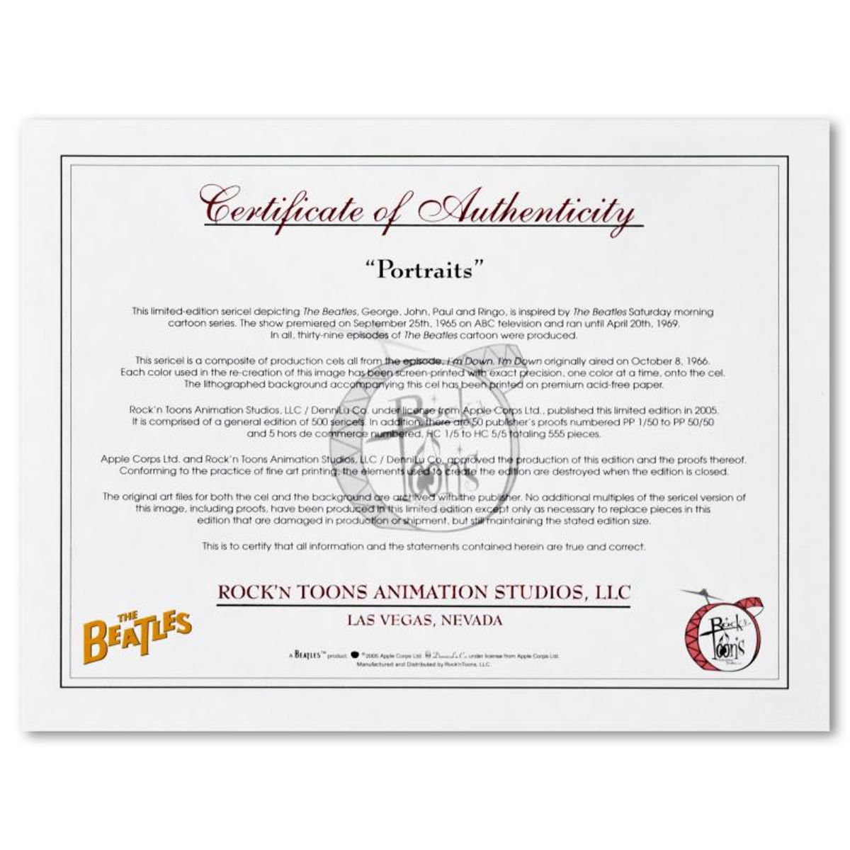 The Beatles, "Portraits" Limited Edition Sericel with Certificate of Authenticity.