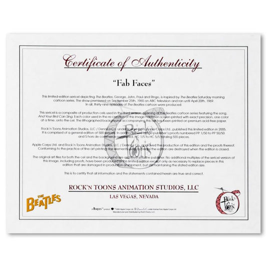 The Beatles, "Fab Faces" Limited Edition Sericel with Certificate of Authenticity.