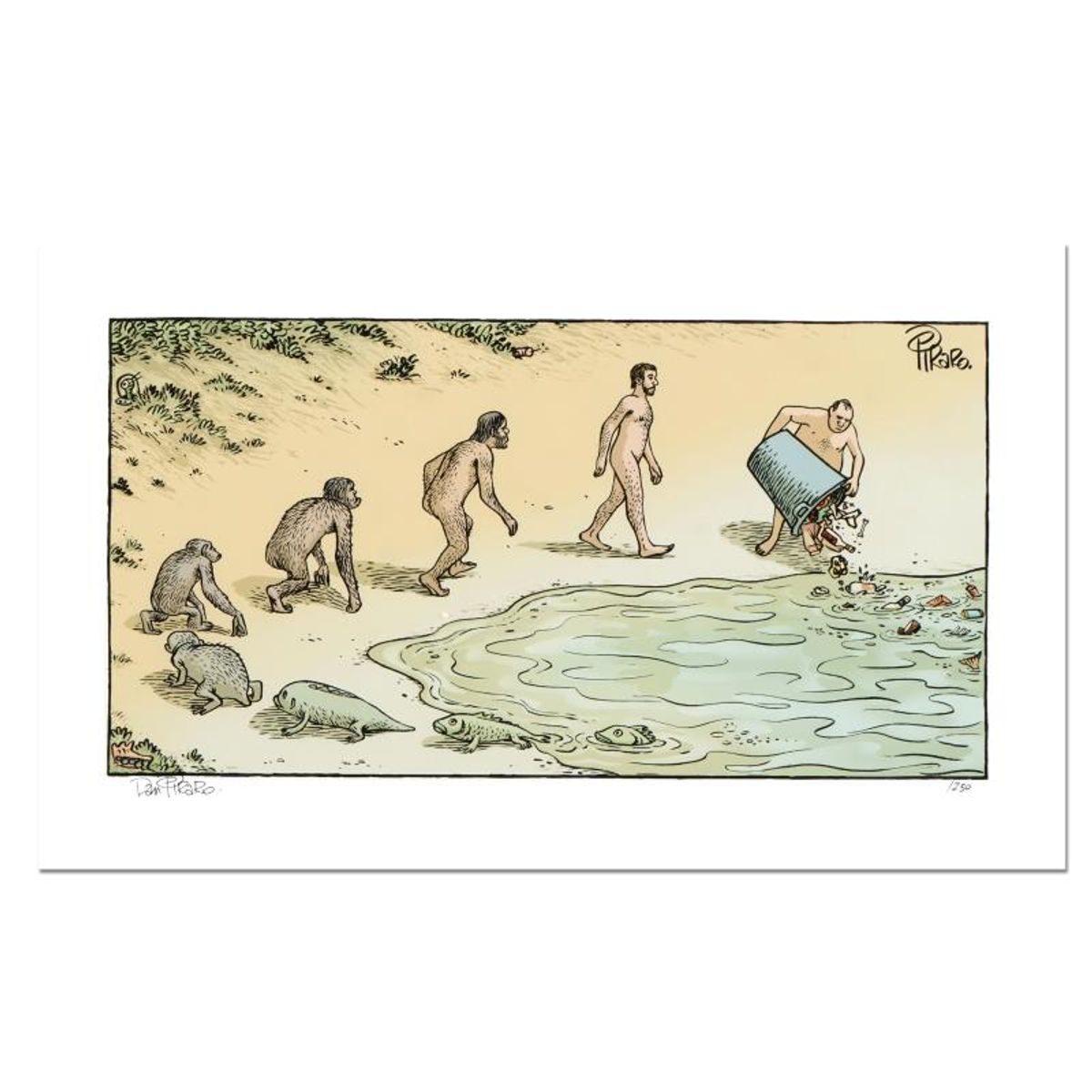 Bizarro, "Evolution Trash" Numbered Limited Edition Hand Signed by creator Dan Piraro; Letter of Authenticity.