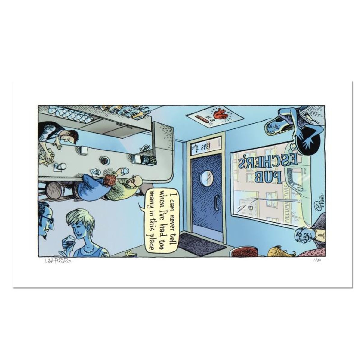 Bizarro, "Escher's Pub" Numbered Limited Edition Hand Signed by creator Dan Piraro; Letter of Authenticity.