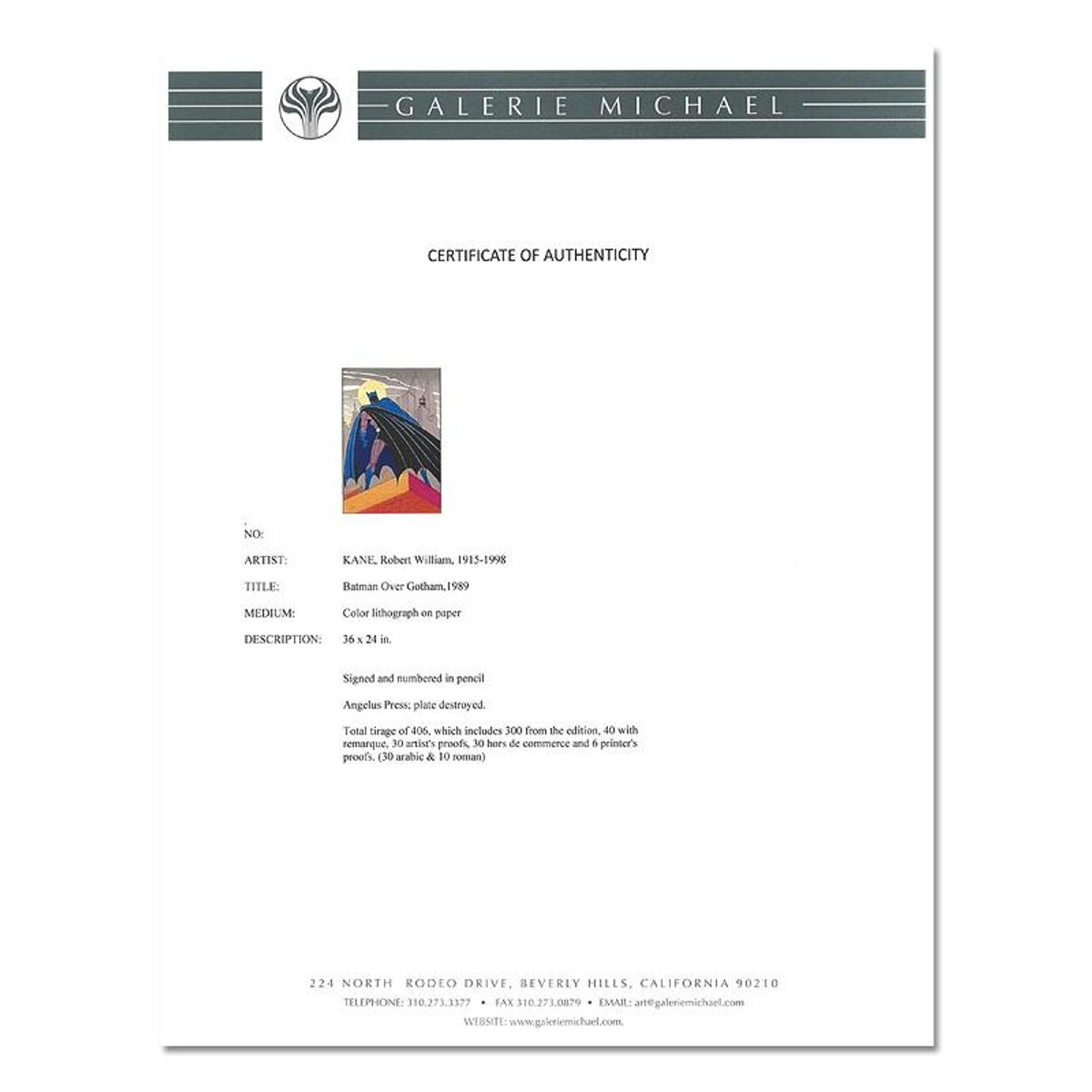 Bob Kane (1915-1998), "Batman Over Gotham" Framed Hand Signed Limited Edition Original Lithograph with Certificate of Authenticity.