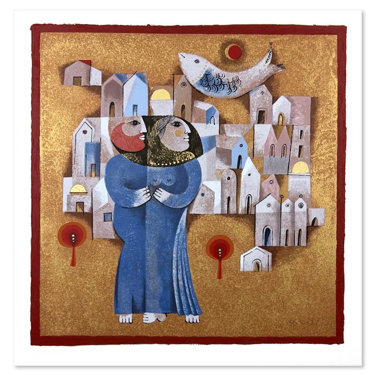 Samy Briss, "Les Amoureux du Village" Limited Edition Serigraph, Hand Signed and Numbered with Letter of Authenticity.