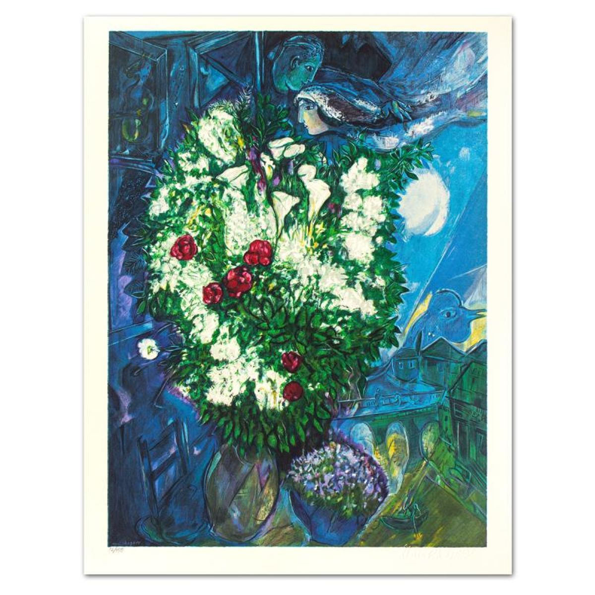 Marc Chagall (1887-1985), "Bouquet Aux Amoureux Volants" Limited Edition Lithograph with Letter of Authenticity.