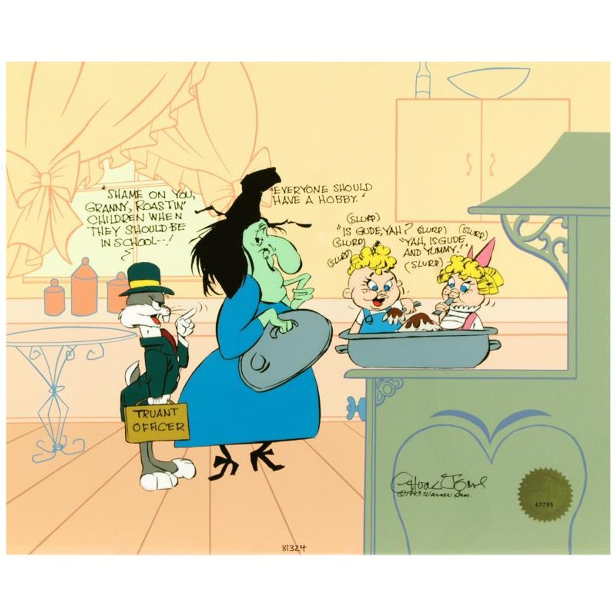 Bugs and Witch Hazel: Truant Officer Limited Edition Animation Cel Edition with Hand Painted Color, Numbered and Hand Signed by Chuck Jones (1912-2002) with Certificate of Authenticity.