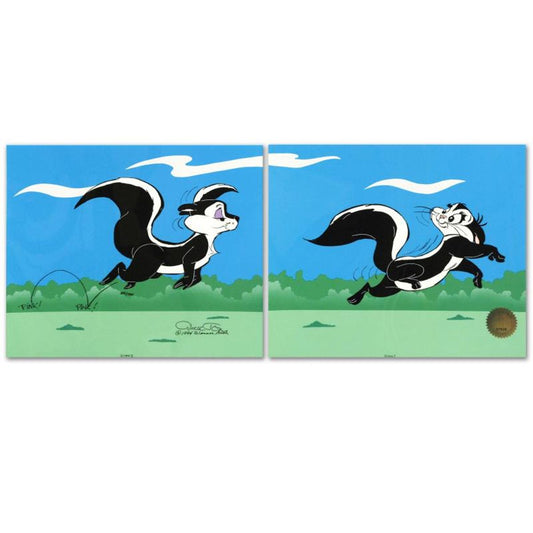 Le Pursuit by Chuck Jones (1912-2002). Hand Painted Animation Cel Diptych Limited Edition. Numbered and Hand Signed with Certificate of Authenticity.