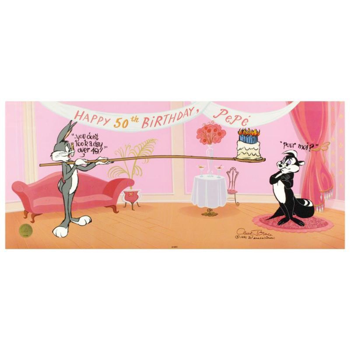 Pepe's 50th Birthday by Chuck Jones (1912-2002). Limited Edition Animation Cel 25" x 10.5" with Hand Painted Color. Numbered and Hand Signed with Certificate of Authenticity.