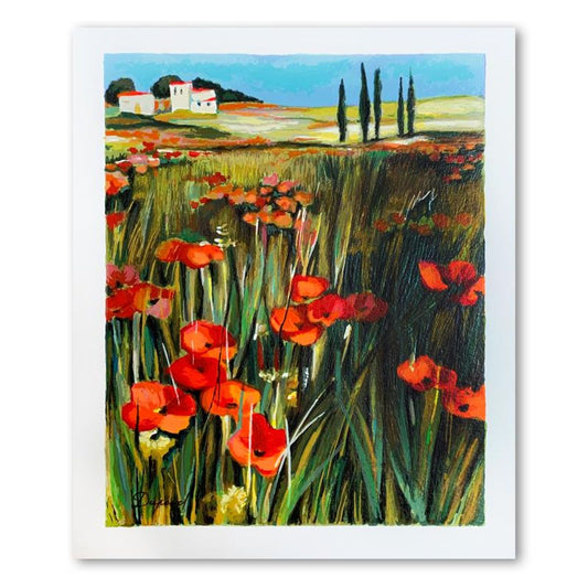 Yuri Dupond, "Red Flowers I" Hand Signed Limited Edition Serigraph on Paper with Letter of Authenticity.