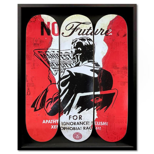 Shepard Fairey, "No Future" Framed Limited Edition Skateboard Triptych, Plate Signed with Letter of Authenticity.