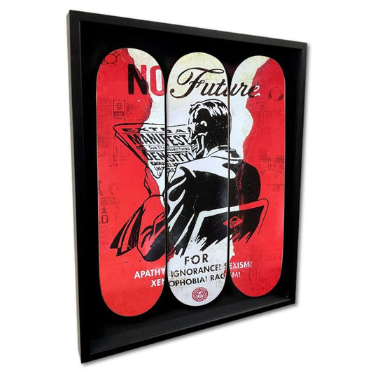 Shepard Fairey, "No Future" Framed Limited Edition Skateboard Triptych, Plate Signed with Letter of Authenticity.