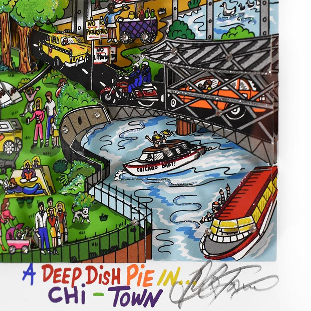 Charles Fazzino, "A Deep Dish Pie in Chi Town (Yellow)" Framed 3D Limited Edition Silk Screen, Numbered and Hand Signed with Certificate of Authenticity.