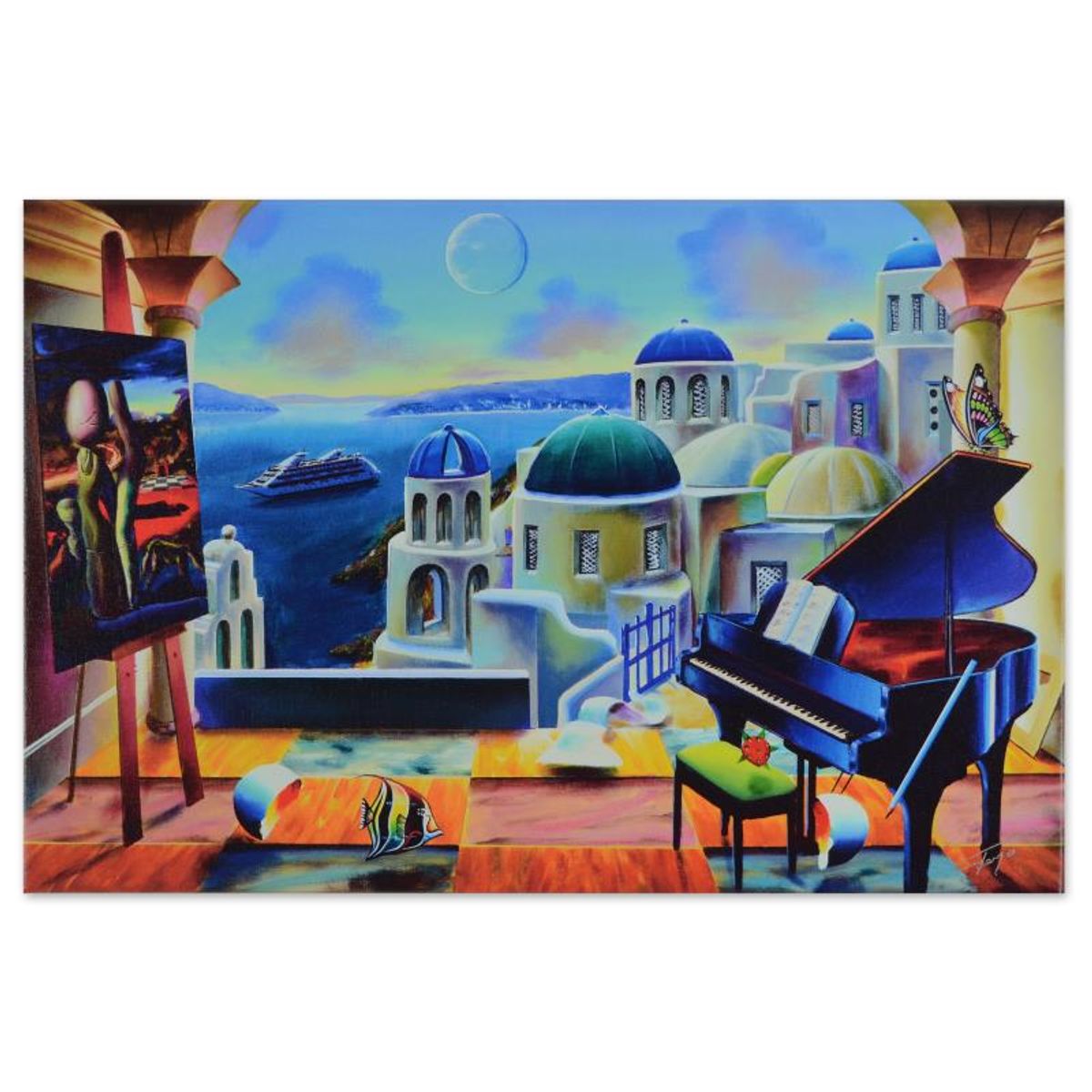 Ferjo, "Santorini at Dusk" Limited Edition on Gallery Wrapped Canvas, Numbered and Signed with Letter of Authenticity.