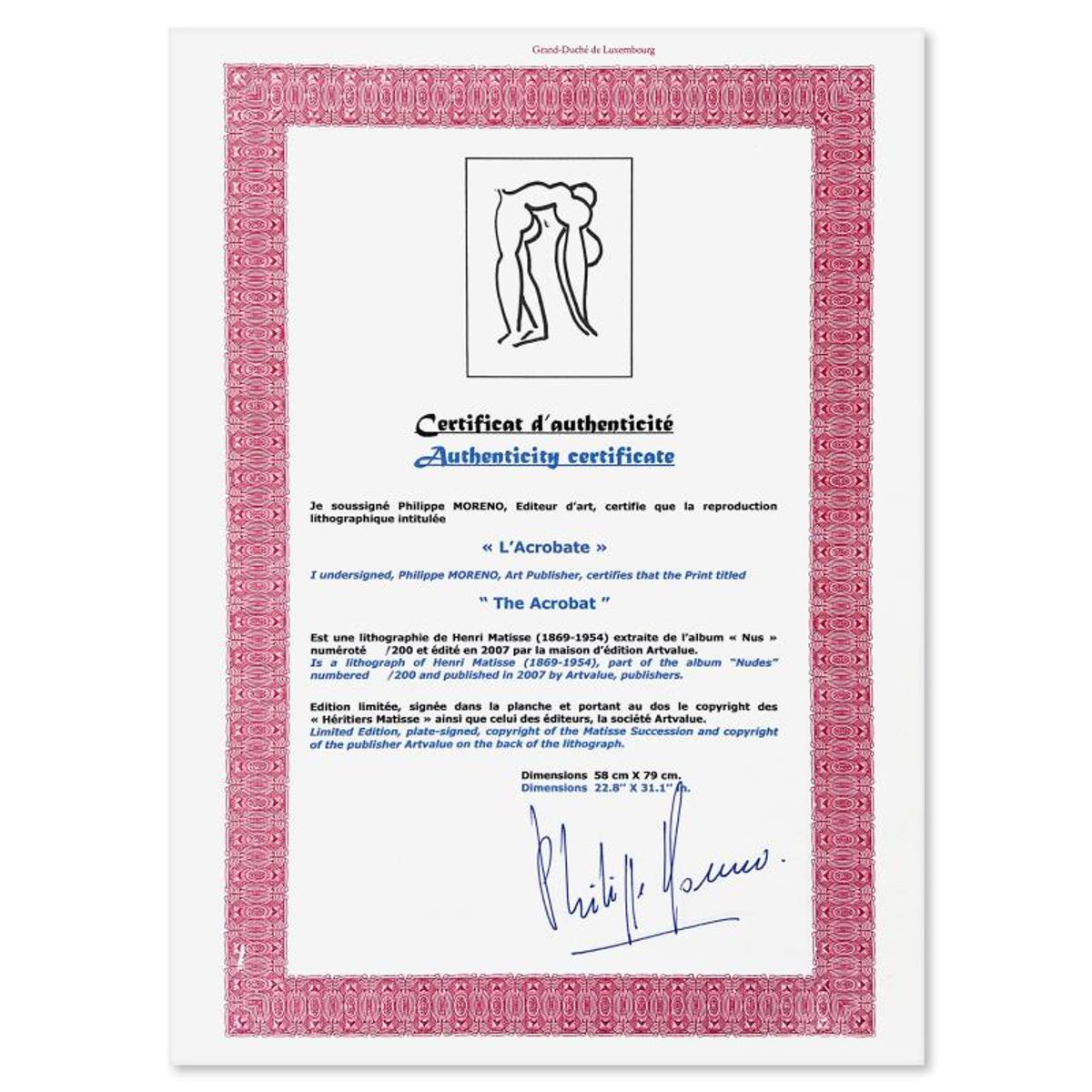 Henri Matisse 1869-1954 (After), "L'Acrobate" Framed Limited Edition Lithograph with Certificate of Authenticity.