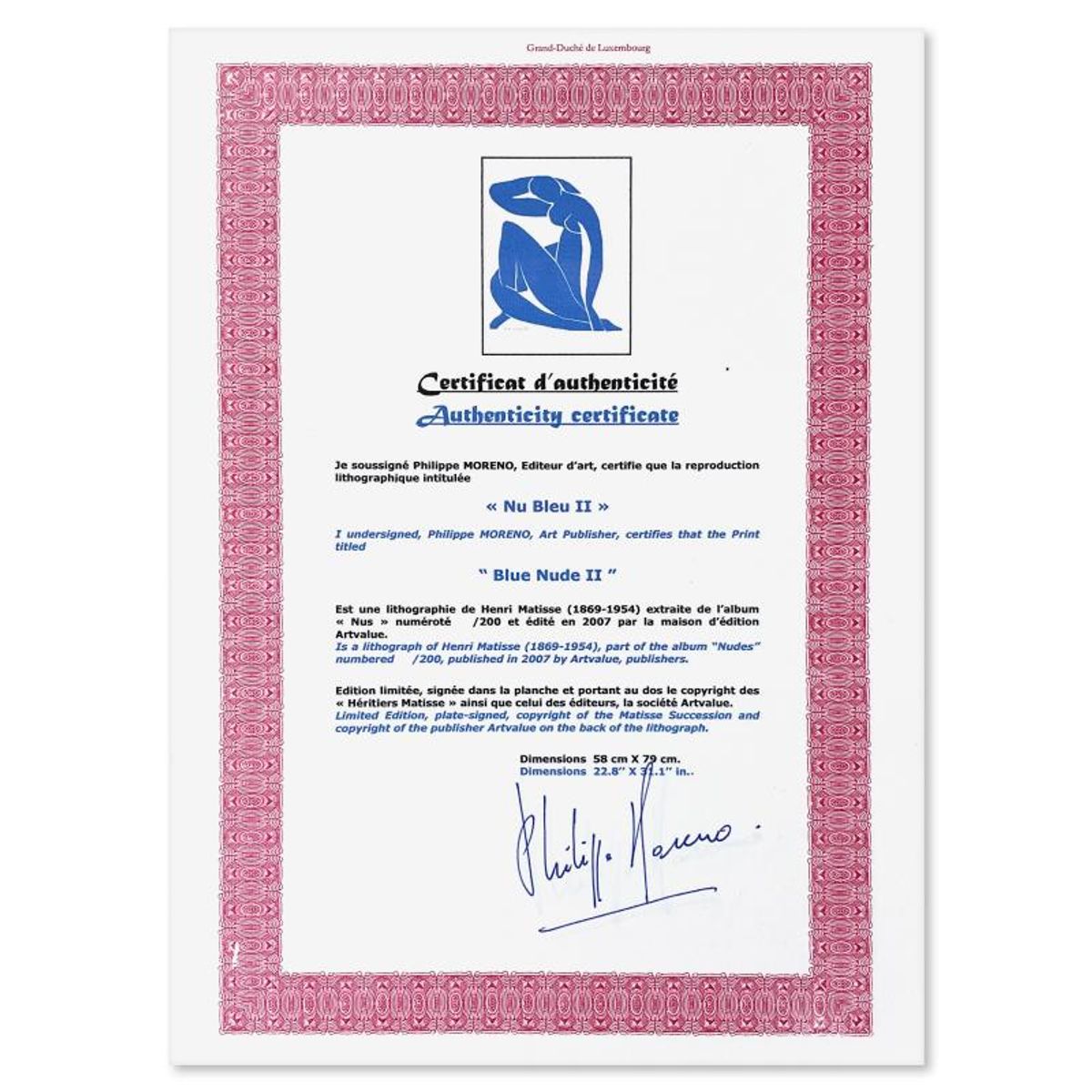 Henri Matisse 1869-1954 (After), "Nu Bleu II" Limited Edition Lithograph with Certificate of Authenticity.