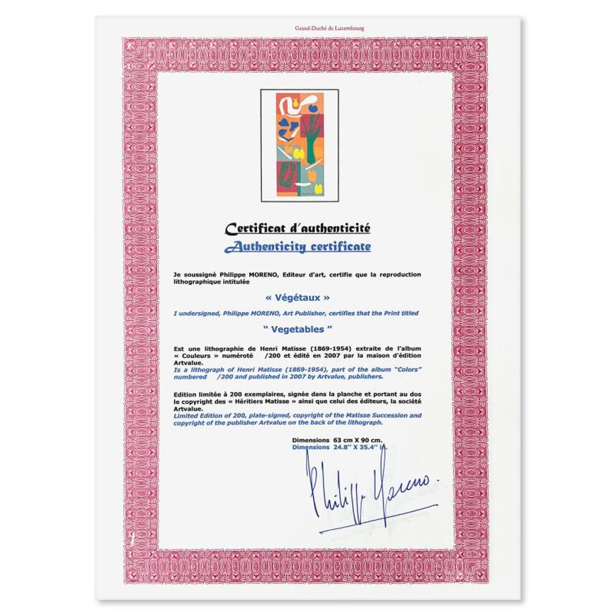 Henri Matisse 1869-1954 (After), "Vegetaux" Framed Limited Edition Lithograph with Certificate of Authenticity.