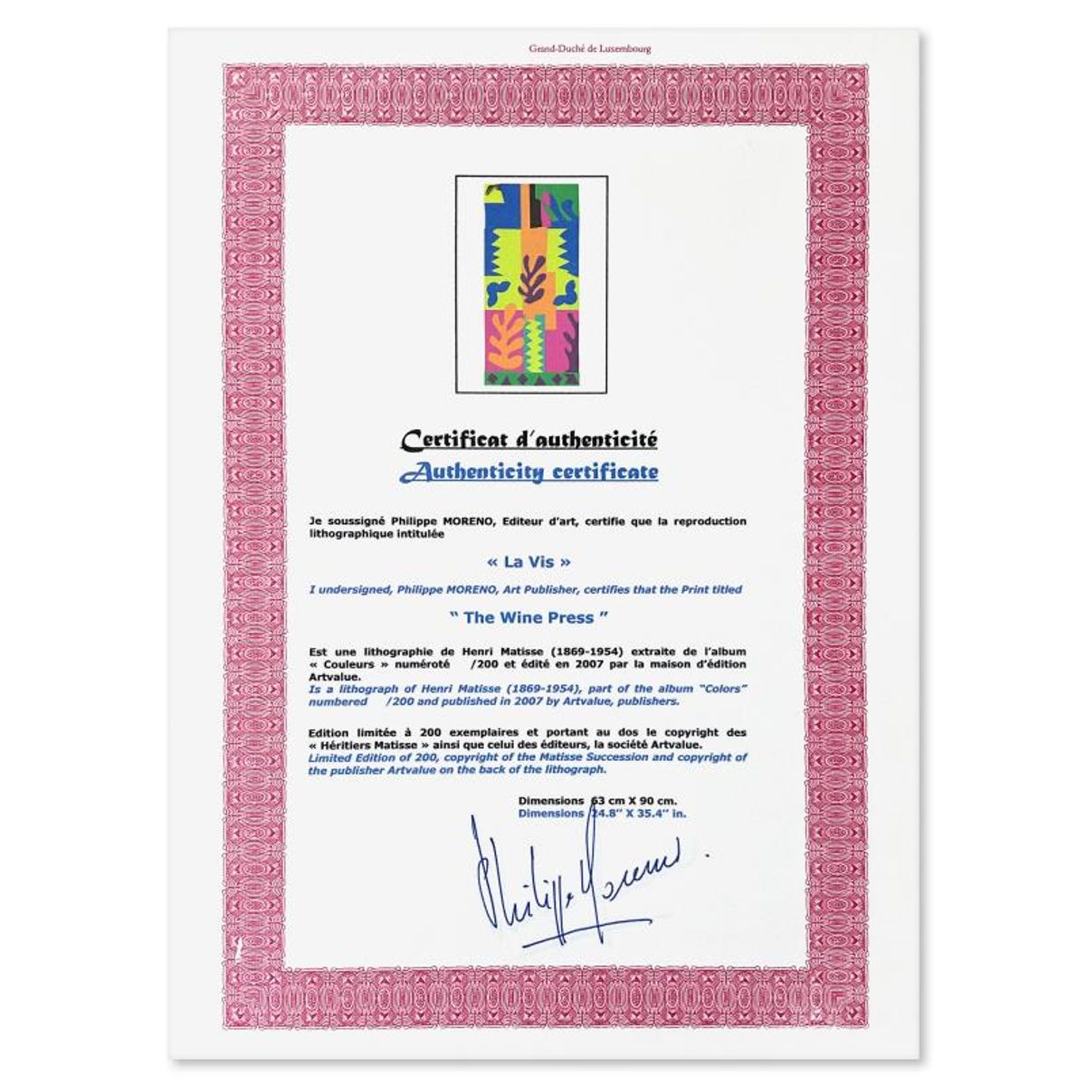 Henri Matisse 1869-1954 (After), "La Vis" Framed Limited Edition Lithograph with Certificate of Authenticity.