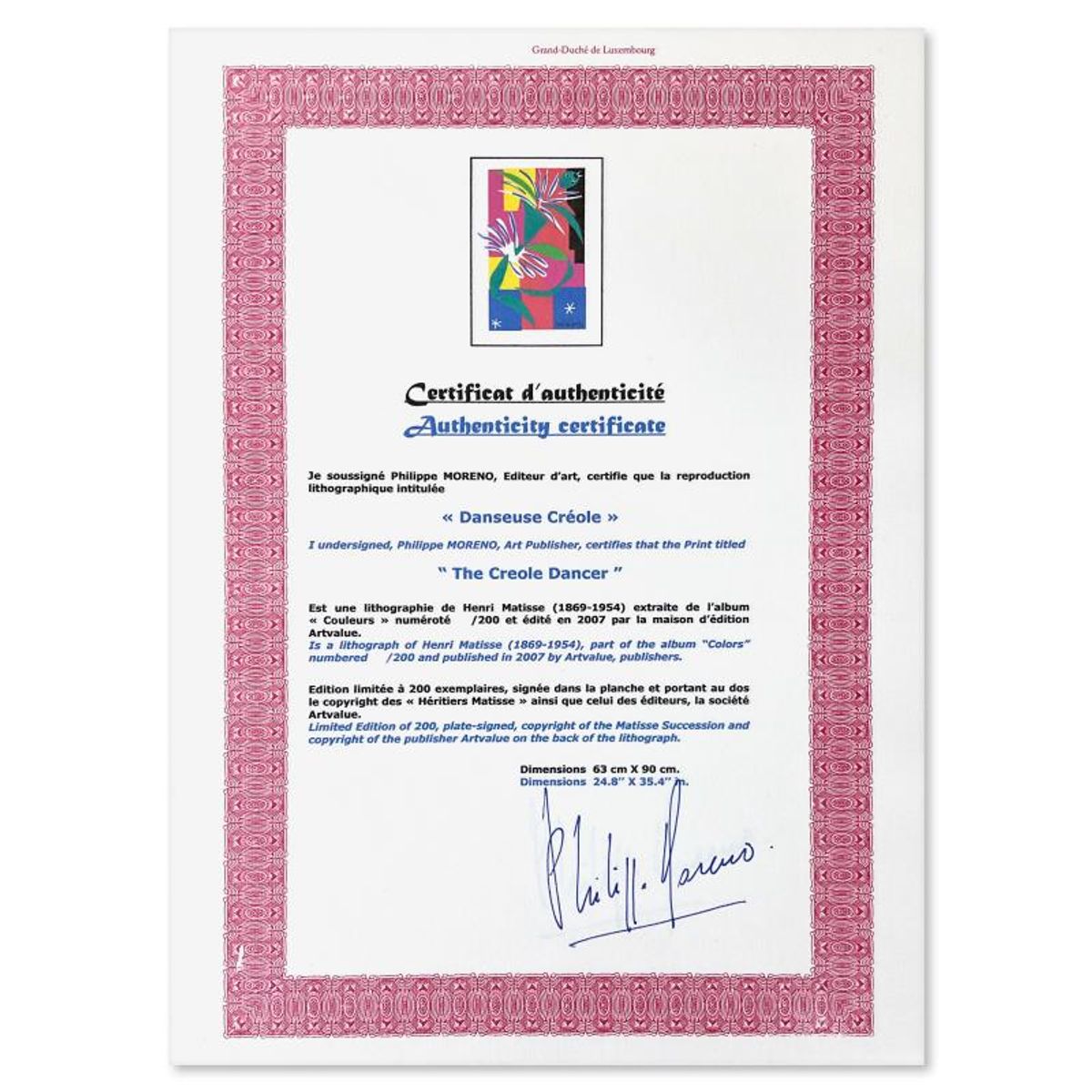 Henri Matisse 1869-1954 (After), "Danseuse Creole" Framed Limited Edition Lithograph with Certificate of Authenticity.