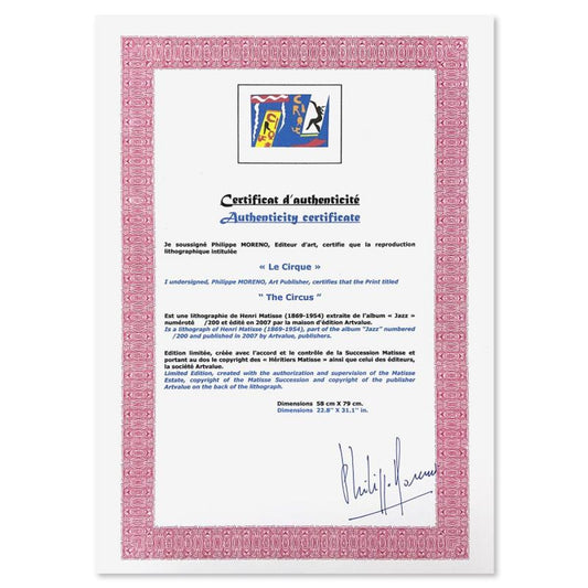 Henri Matisse 1869-1954 (After), " Le Cirque (The Circus)" Framed Limited Edition Lithograph with Certificate of Authenticity.