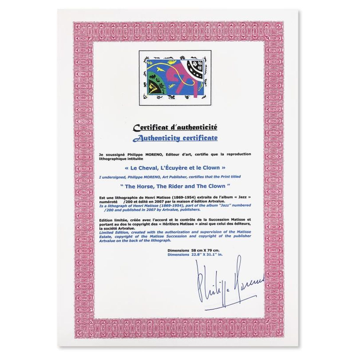 Henri Matisse 1869-1954 (After), "Le Cheval, L'Ecuyere et le Clown" Framed Limited Edition Lithograph with Certificate of Authenticity.