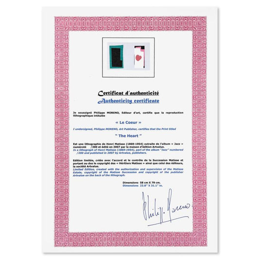 Henri Matisse 1869-1954 (After), "Le Coeur (The Heart)" Framed Limited Edition Lithograph with Certificate of Authenticity.