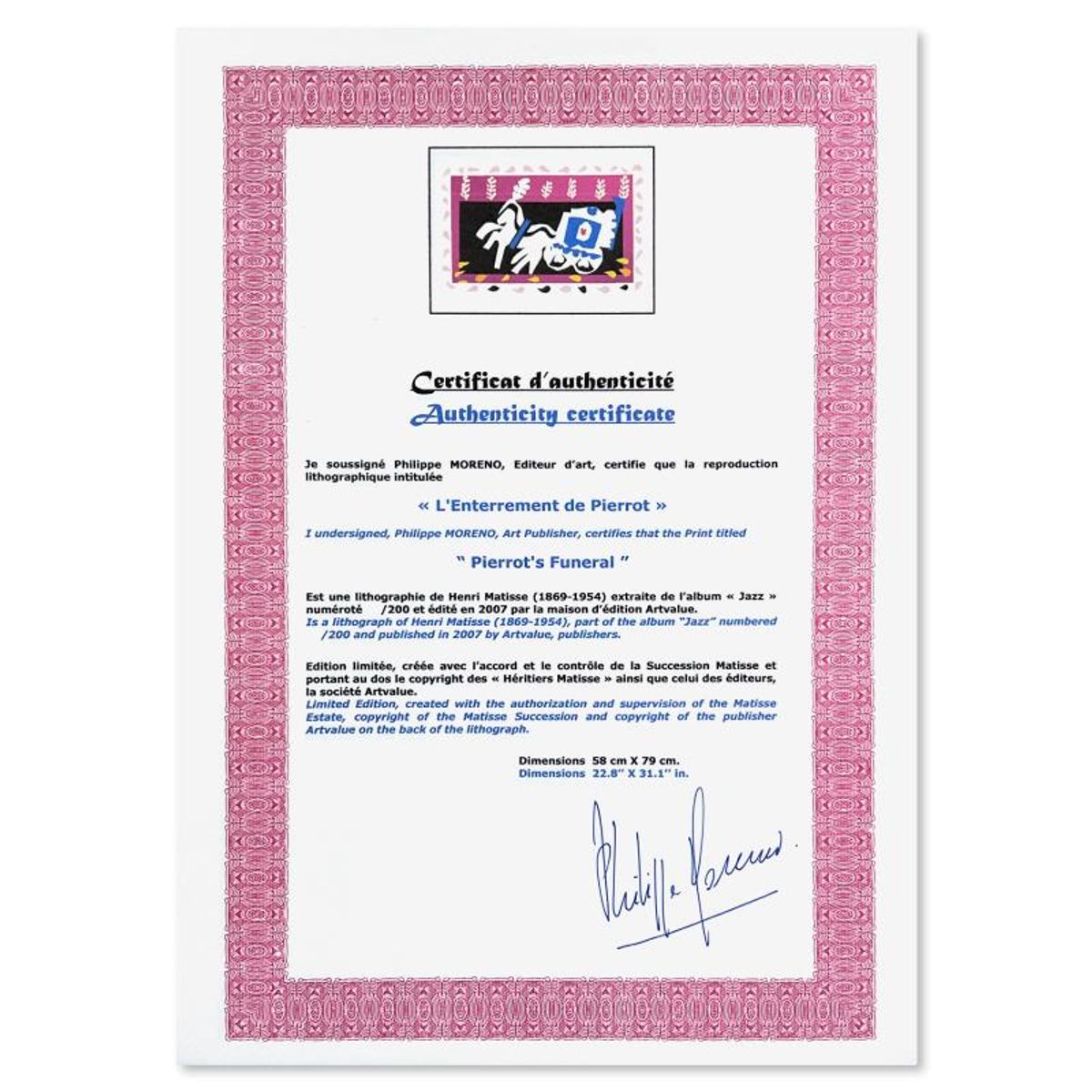 Henri Matisse 1869-1954 (After), "L'Enterrement de Pierrot (Pierrot's Funeral)" Framed Limited Edition Lithograph with Certificate of Authenticity.