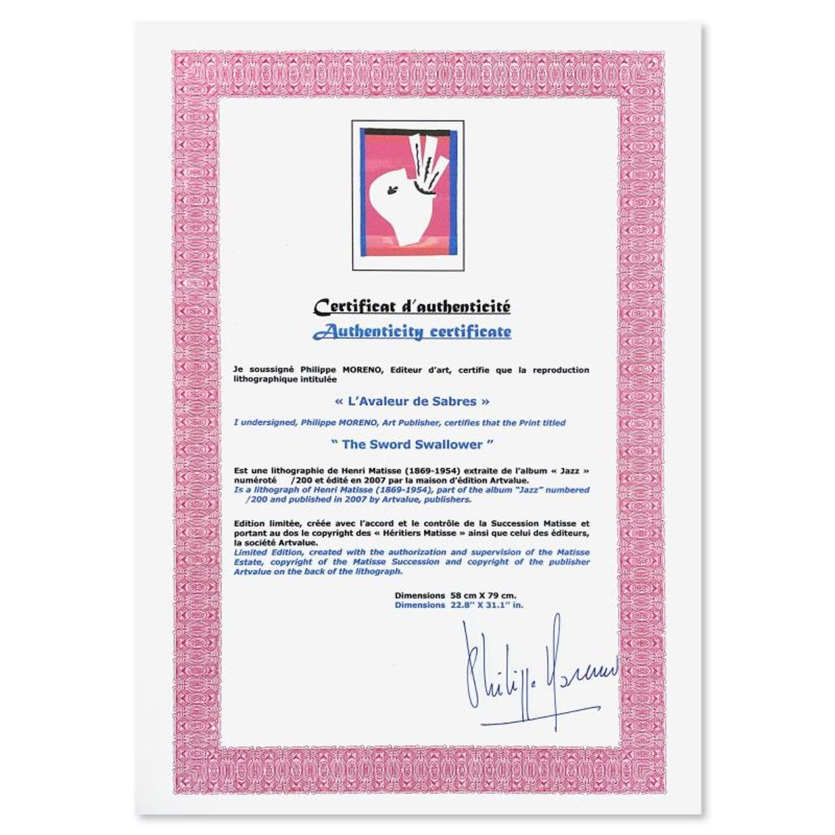 Henri Matisse 1869-1954 (After), "L'Avaleur de Sabres (The Sword Swallower)" Framed Limited Edition Lithograph with Certificate of Authenticity.