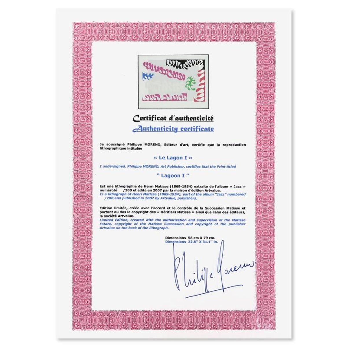 Henri Matisse 1869-1954 (After), "Le Lagon I (Lagoon I)" Framed Limited Edition Lithograph with Certificate of Authenticity.