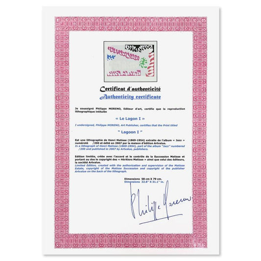 Henri Matisse 1869-1954 (After), "Le Lagon I (Lagoon I)" Framed Limited Edition Lithograph with Certificate of Authenticity.