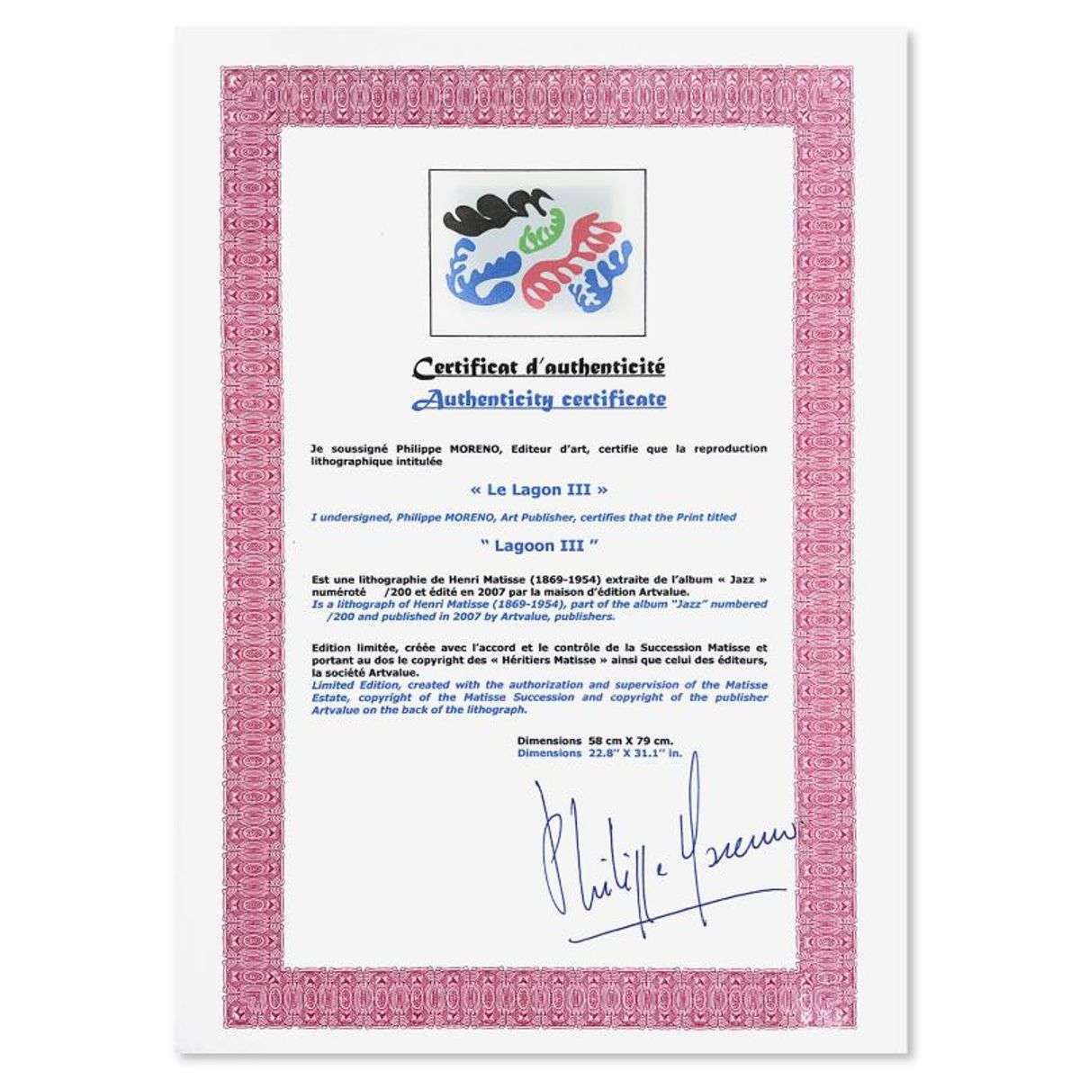 Henri Matisse 1869-1954 (After), "Le Lagon III (Lagoon III)" Framed Limited Edition Lithograph with Certificate of Authenticity.