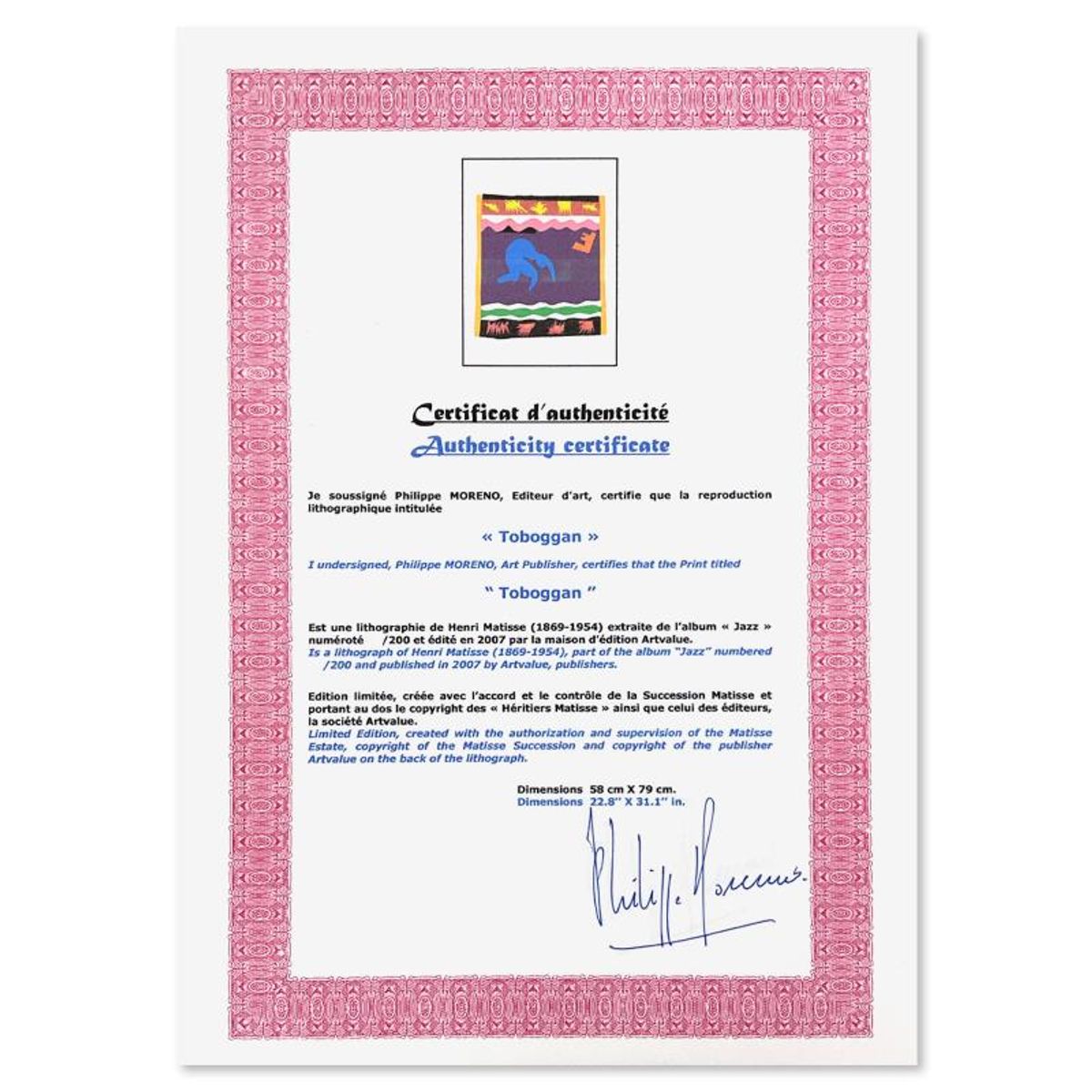 Henri Matisse 1869-1954 (After), "Toboggan" Framed Limited Edition Lithograph with Certificate of Authenticity.