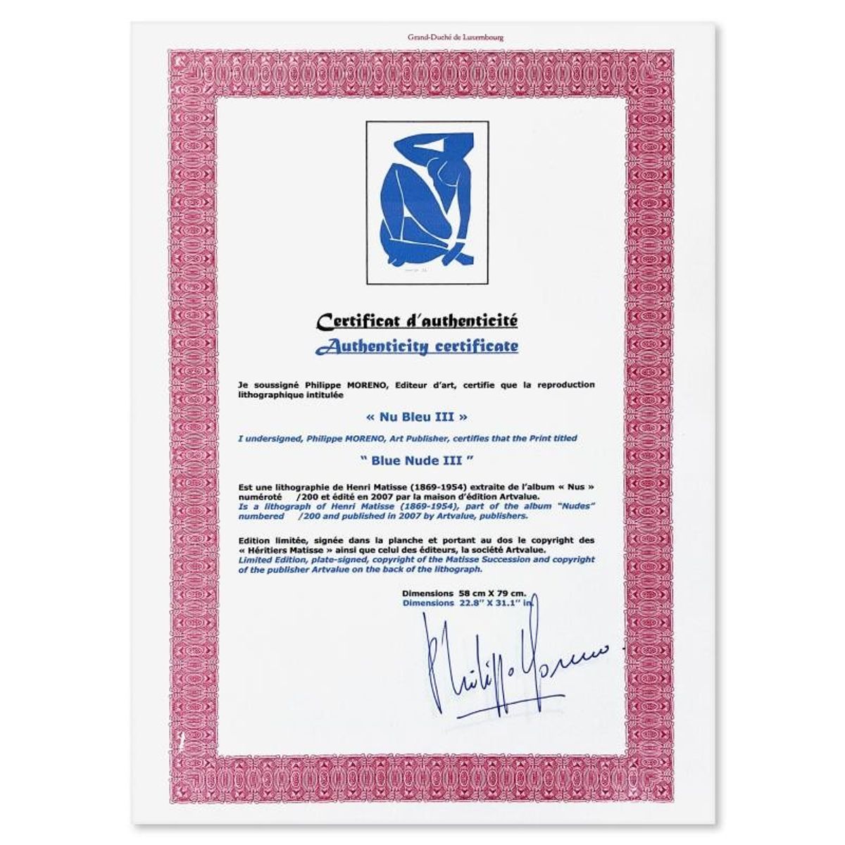 Henri Matisse 1869-1954 (After), "Nu Bleu III" Limited Edition Lithograph with Certificate of Authenticity.