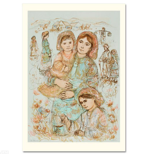 Family in the Field Limited Edition Lithograph by Edna Hibel (1917-2014), Numbered and Hand Signed with Certificate of Authenticity.