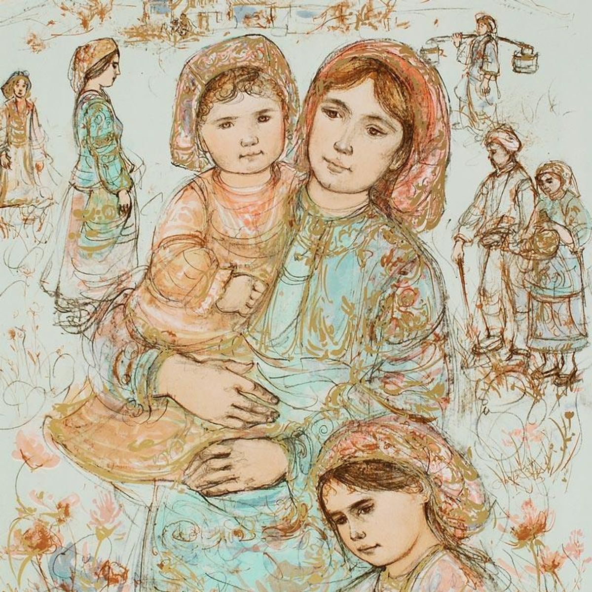 Family in the Field Limited Edition Lithograph by Edna Hibel (1917-2014), Numbered and Hand Signed with Certificate of Authenticity.