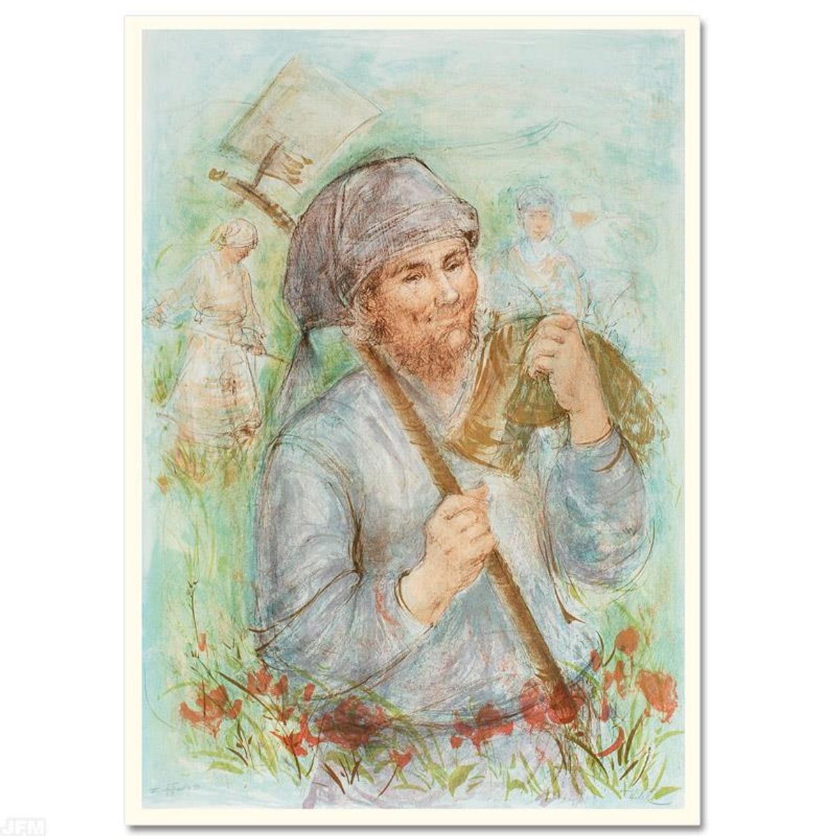 Man with Hoe Limited Edition Lithograph by Edna Hibel (1917-2014), Numbered and Hand Signed with Certificate of Authenticity.