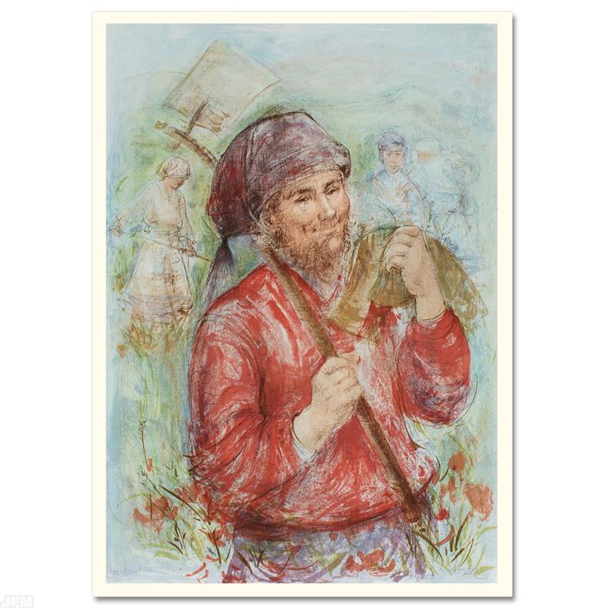 Man with Hoe Limited Edition Lithograph by Edna Hibel (1917-2014), Numbered and Hand Signed with Certificate of Authenticity.