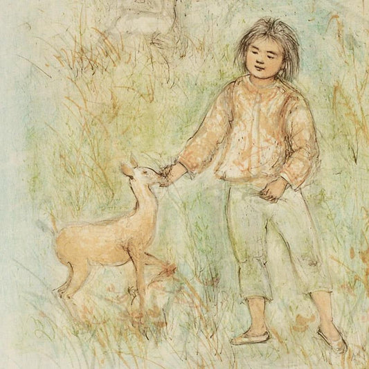 The Forest Friend Limited Edition Lithograph by Edna Hibel (1917-2014), Numbered and Hand Signed with Certificate of Authenticity.