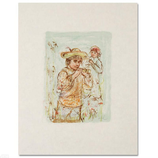 Boy with Horn Limited Edition Lithograph by Edna Hibel (1917-2014), Numbered and Hand Signed with Certificate of Authenticity.
