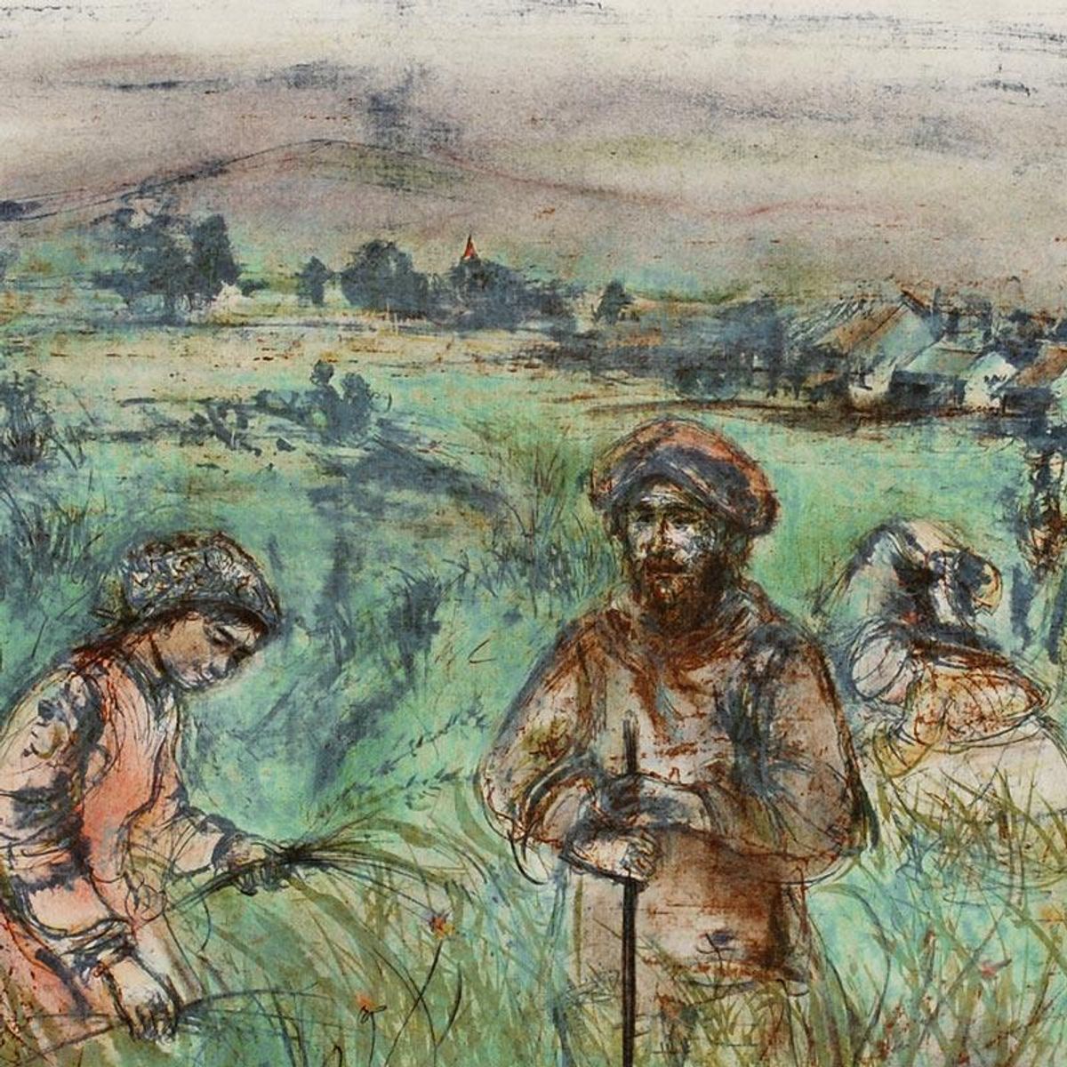 Fields Near Chartres Limited Edition Lithograph by Edna Hibel (1917-2014), Numbered and Hand Signed with Certificate of Authenticity.