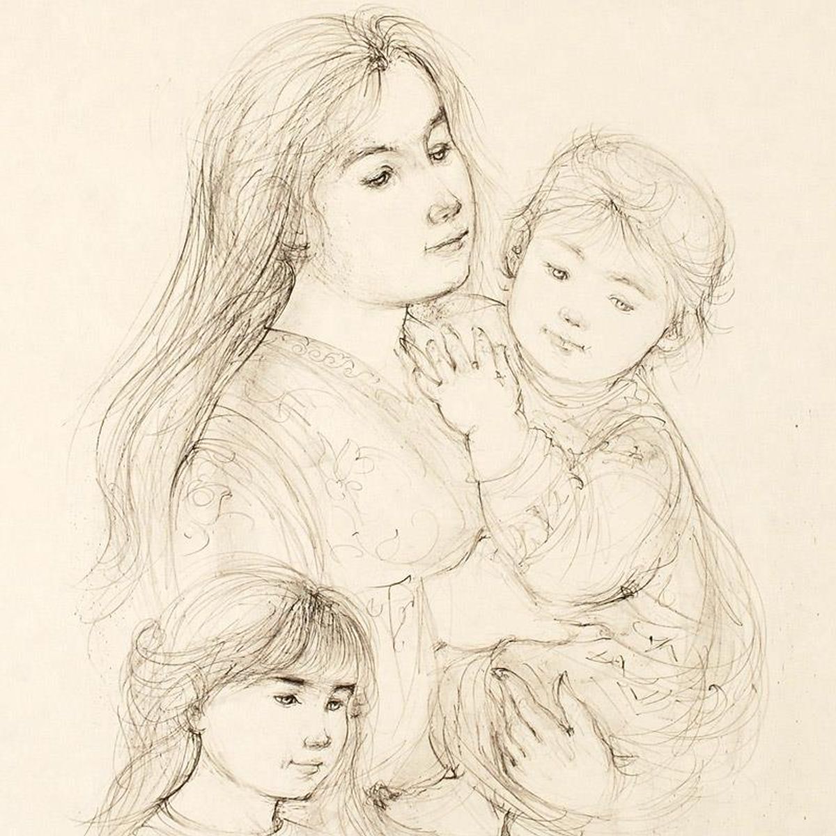 Robert with Mother and Sister Limited Edition Lithograph by Edna Hibel (1917-2014), Numbered and Hand Signed with Certificate of Authenticity.