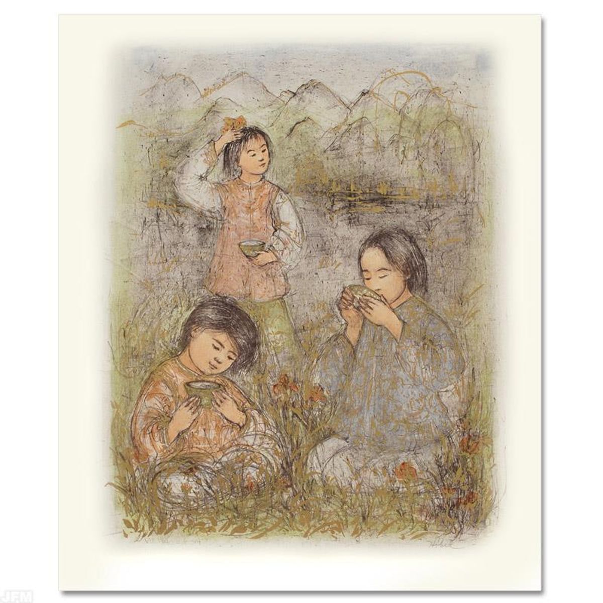 Morning at Brook Side Limited Edition Lithograph by Edna Hibel (1917-2014), Numbered and Hand Signed with Certificate of Authenticity.