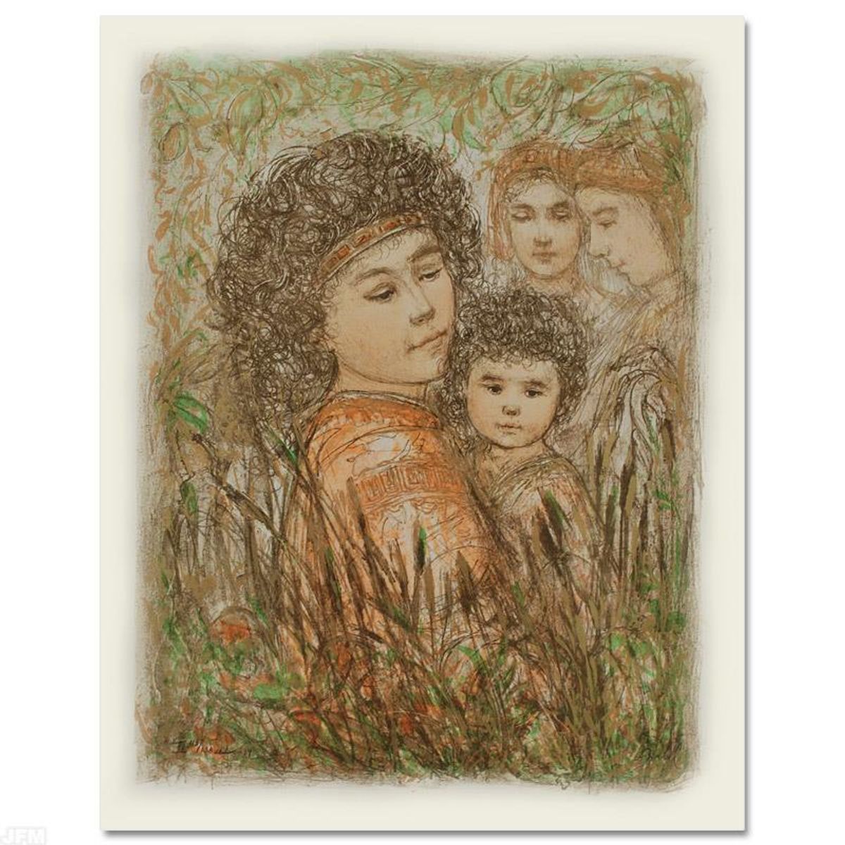 Pharaoh's Daughter with Moses in Bulrushes Limited Edition Lithograph by Edna Hibel (1917-2014), Numbered and Hand Signed with Certificate of Authenticity.
