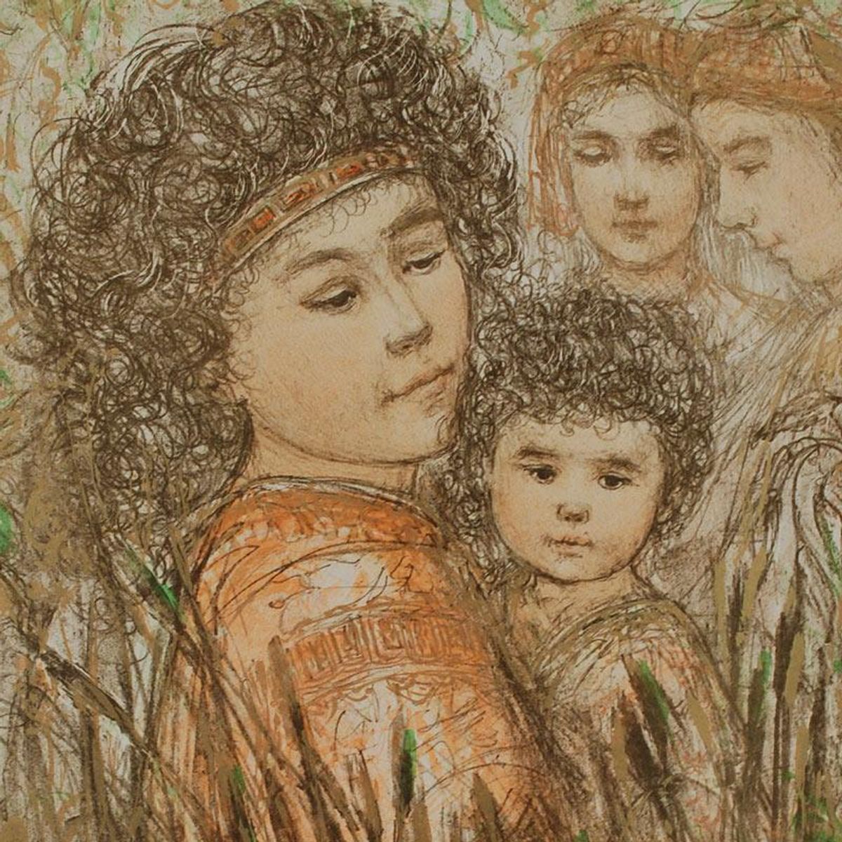 Pharaoh's Daughter with Moses in Bulrushes Limited Edition Lithograph by Edna Hibel (1917-2014), Numbered and Hand Signed with Certificate of Authenticity.