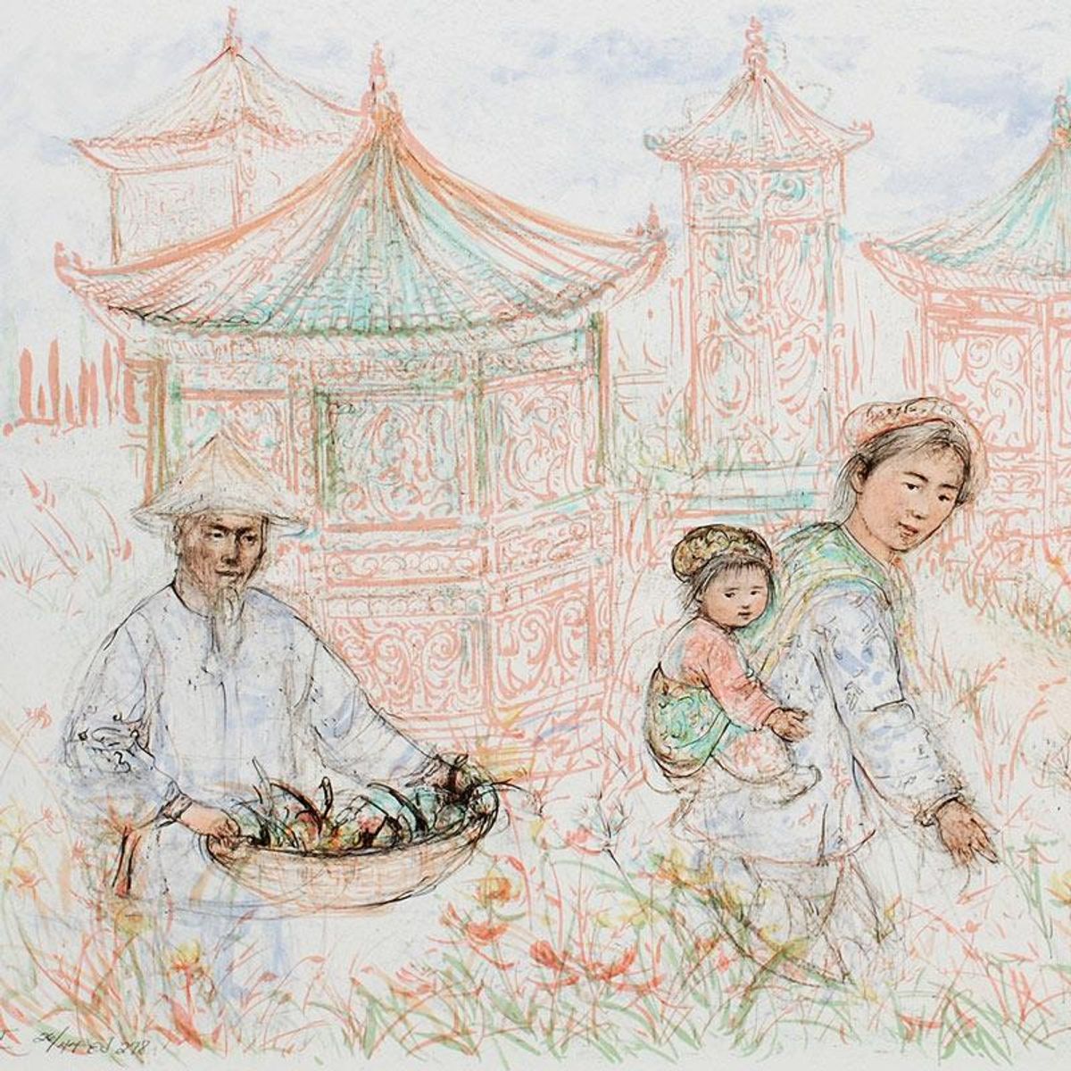 Then and Now Limited Edition Lithograph by Edna Hibel (1917-2014), Numbered and Hand Signed with Certificate of Authenticity.