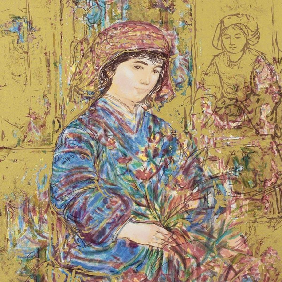 Umbria's Garden Limited Edition Serigraph by Edna Hibel (1917-2014), Numbered and Hand Signed with Certificate of Authenticity.