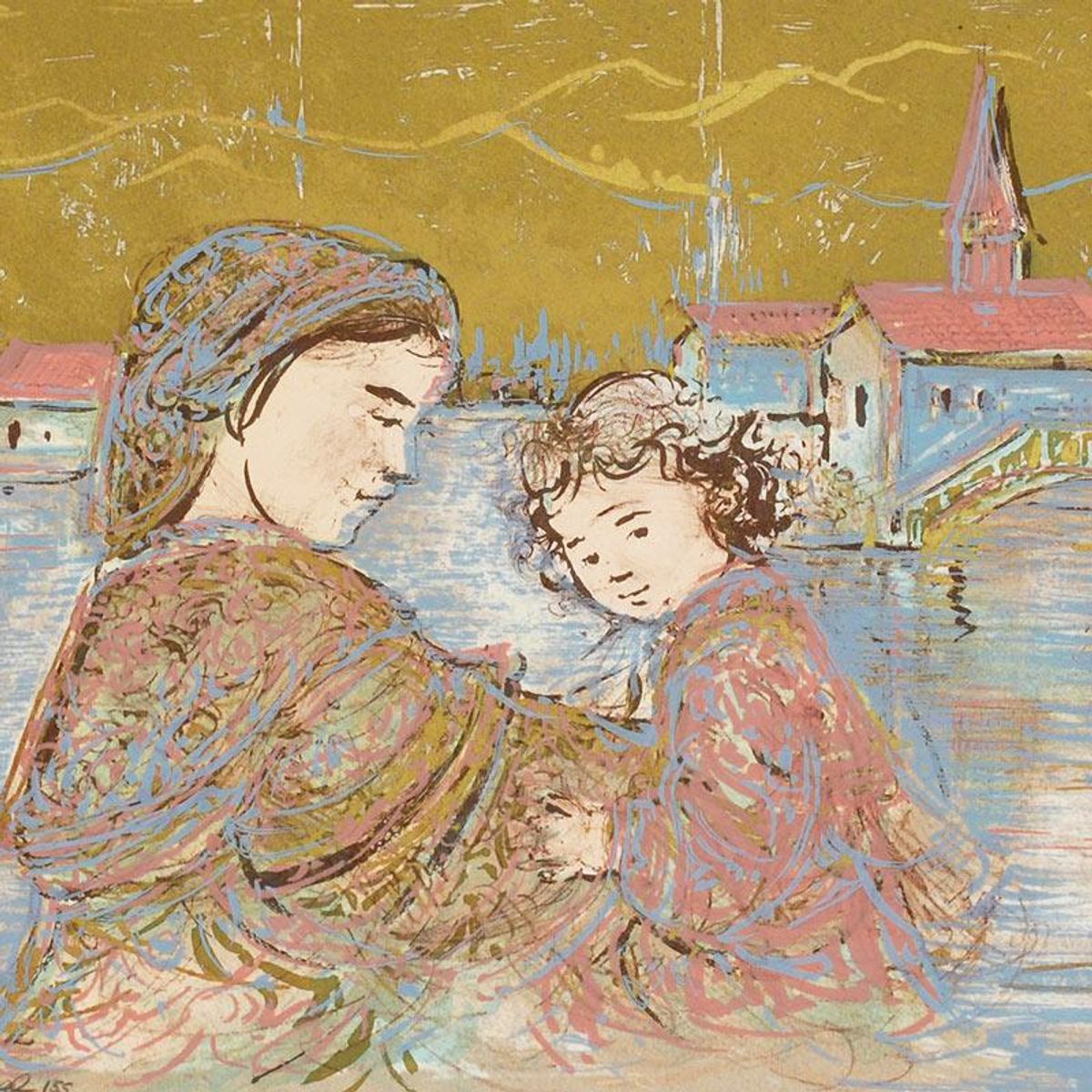 Bridge of Life Limited Edition Lithograph by Edna Hibel (1917-2014), Numbered and Hand Signed with Certificate of Authenticity.