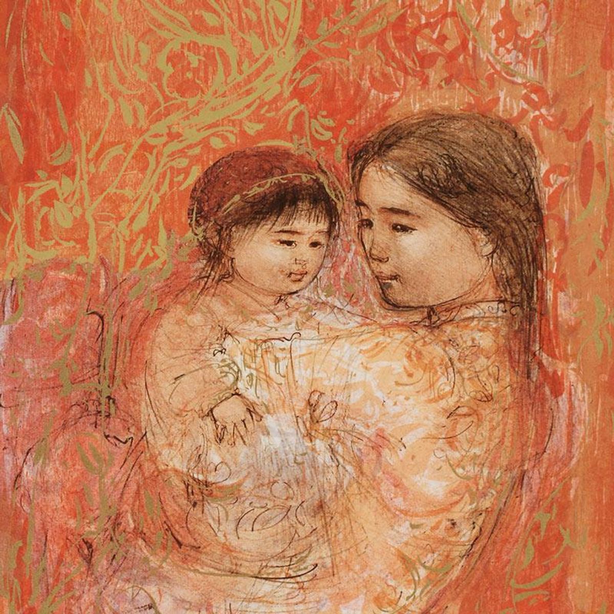 Thai Family Limited Edition Lithograph by Edna Hibel (1917-2014), Numbered and Hand Signed with Certificate of Authenticity.