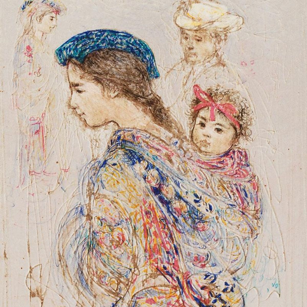 Guatemalan Mother and Baby Limited Edition Lithograph by Edna Hibel (1917-2014), Numbered and Hand Signed with Certificate of Authenticity.