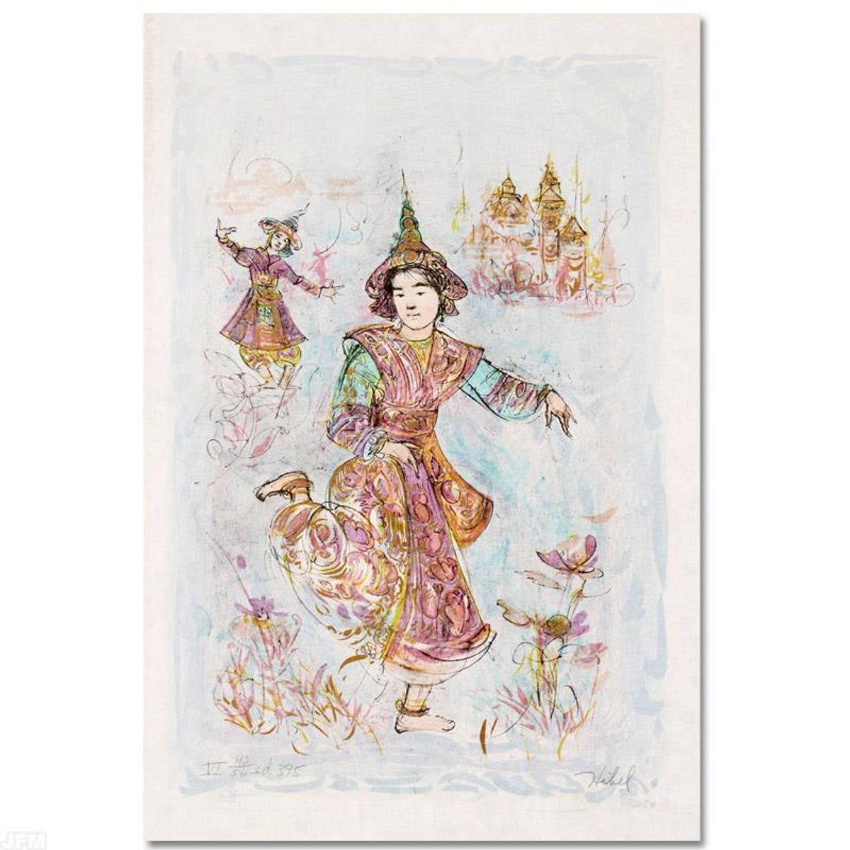 Thai Dancers Limited Edition Lithograph by Edna Hibel, Numbered and Hand Signed with Certificate of Authenticity.