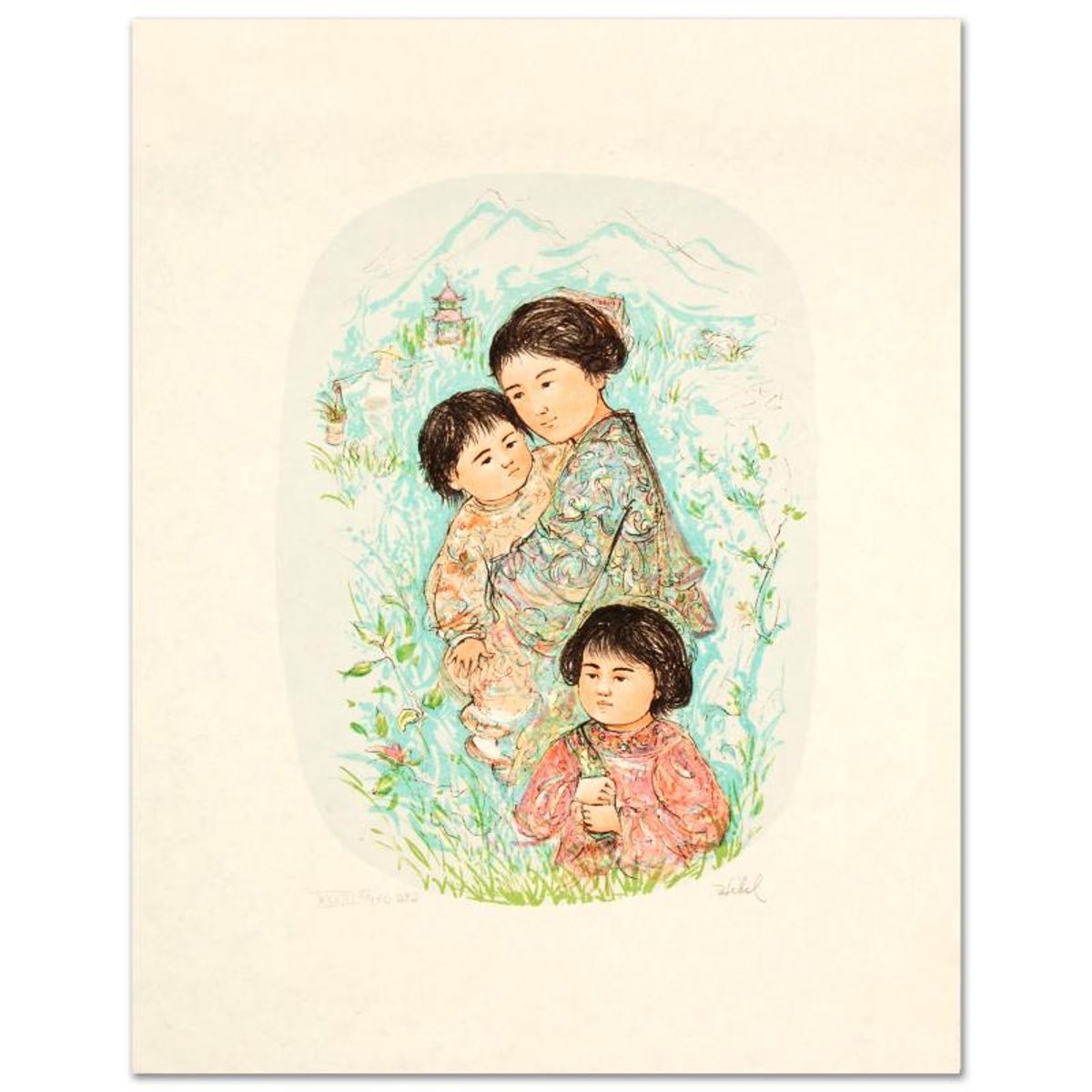 Leaving the Garden Limited Edition Lithograph by Edna Hibel (1917-2014), Numbered and Hand Signed with Certificate of Authenticity.