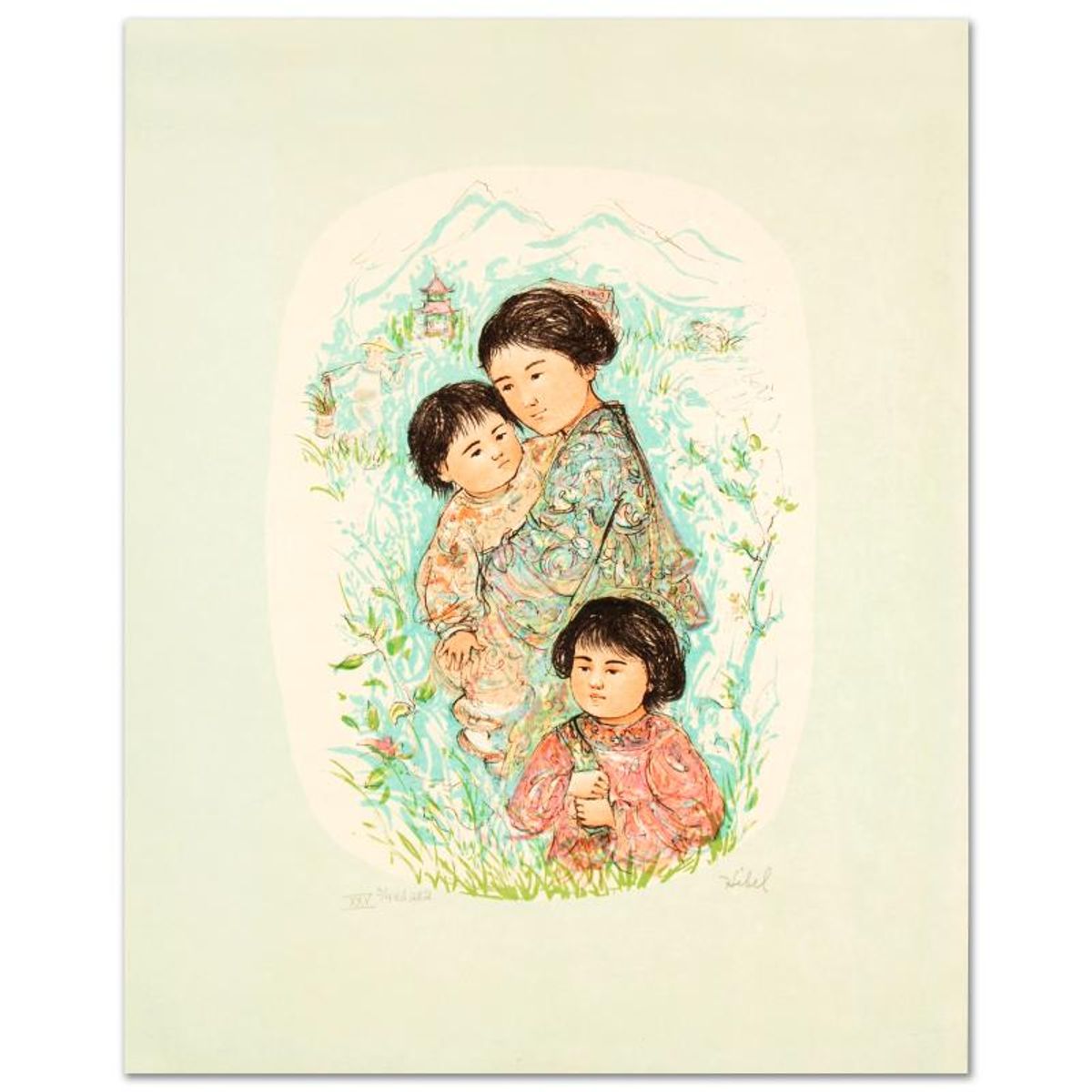 Leaving the Garden Limited Edition Lithograph by Edna Hibel, Numbered and Hand Signed with Certificate of Authenticity.