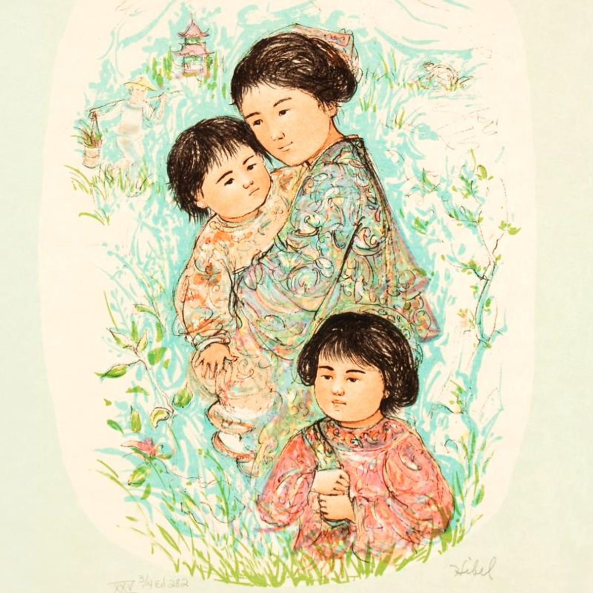 Leaving the Garden Limited Edition Lithograph by Edna Hibel, Numbered and Hand Signed with Certificate of Authenticity.
